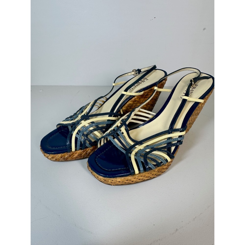 VTG Franco Sarto Wedge Sandals Woven Strappy Heels Espadrille Blue Beige Size 9